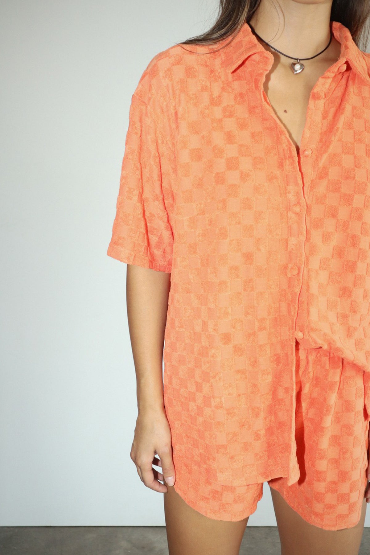 Checkered Terry Knit Set in Tangerine Orange
