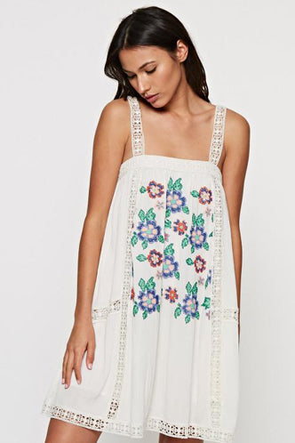 Off White Embroidered Sleeveless Tank Dress with Lace Straps