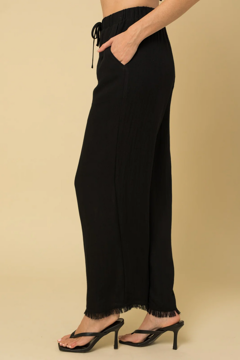Fringe Hem Wide Leg Pant in Black