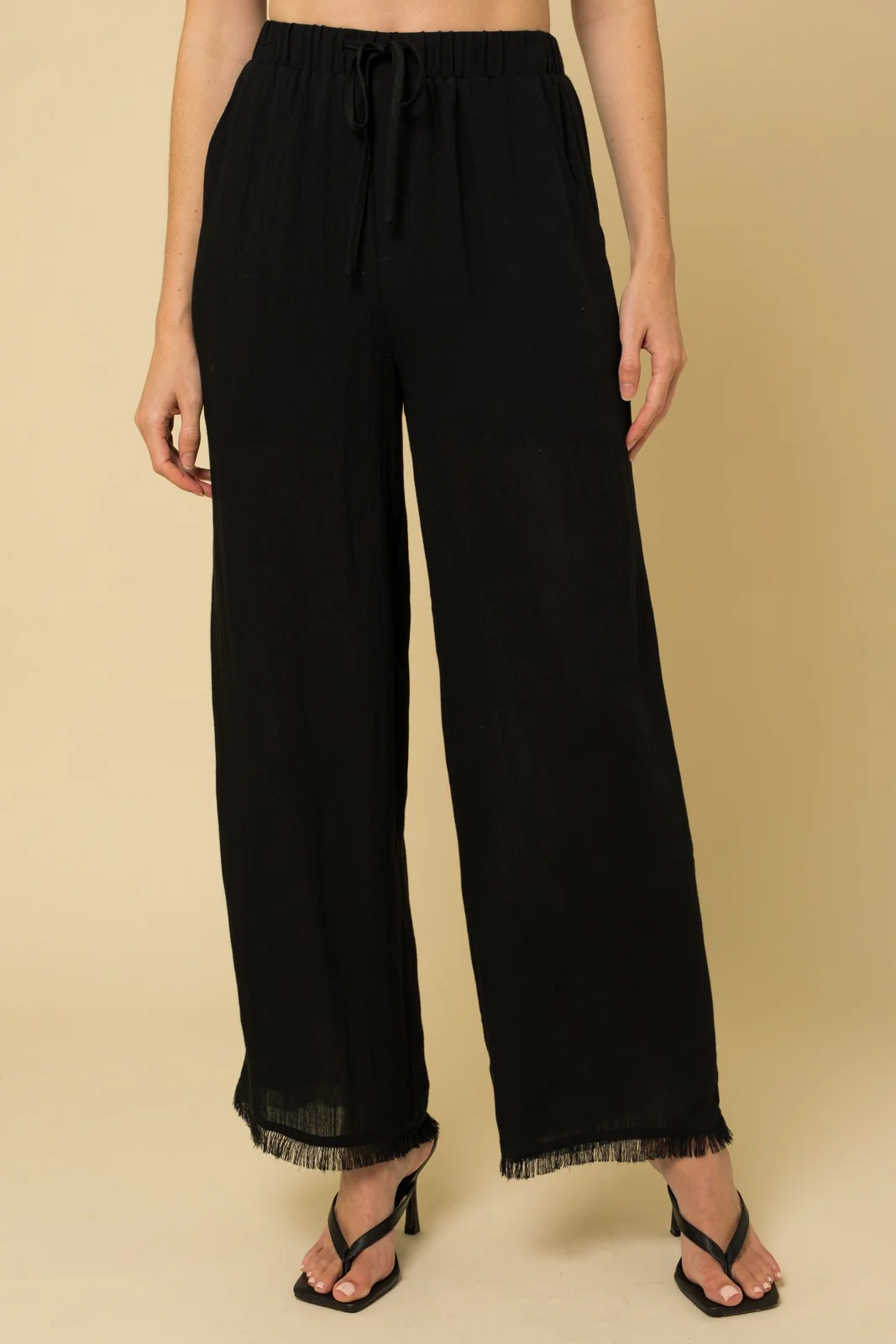 Fringe Hem Wide Leg Pant in Black