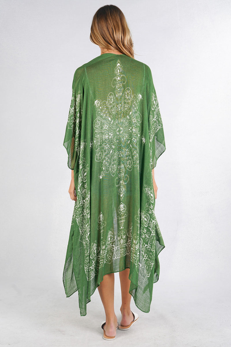 Model wearing a green scarf printed kimono from Boho Bum Island Boutique