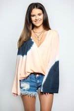 Pink and navy tie dye v-neck blouse