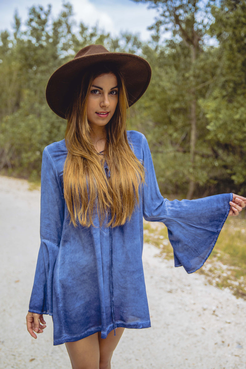 Lace Up Tunic Dress in Indigo Denim - Boho Bum Island