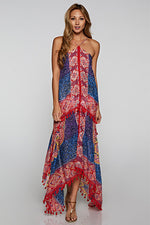 Red and blue scarf printed maxi dress