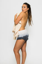 Model wearing lounge shorts with a lace trim and blue and white ombre color from Boho Bum Island Boutique