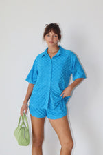 Model wearing aqua knit short set from Boho Bum Island Boutique