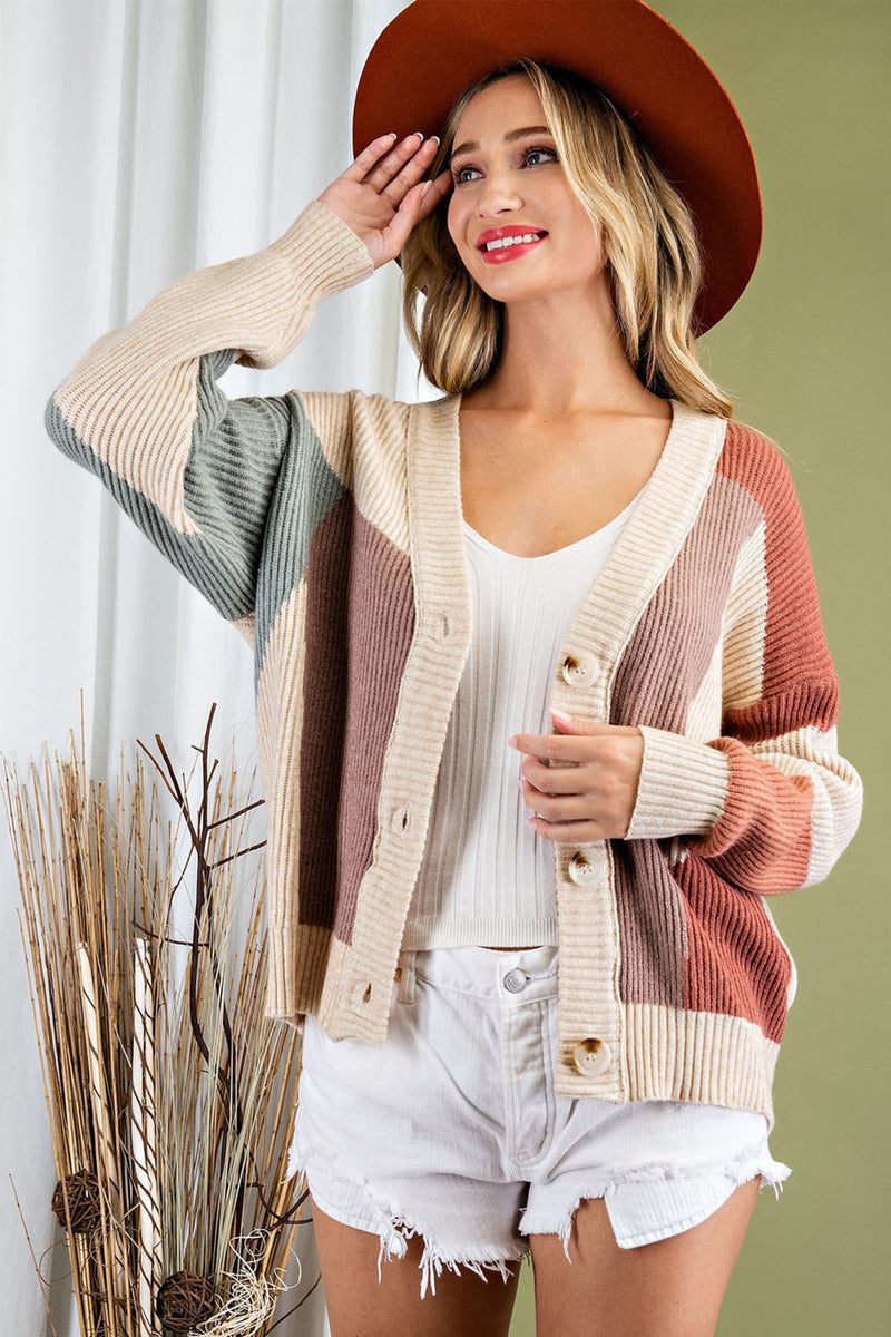 Colorblock Button Front Cardigan in Sage