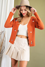 Embroidered Flower Print Cardigan in Clay