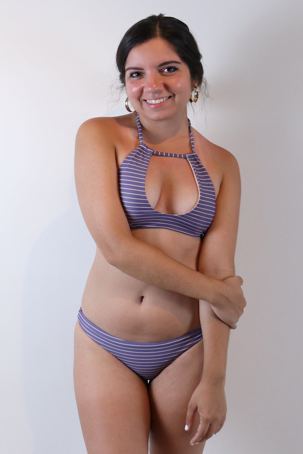 Keyhole Halter Top with Twisted Back in Striped Nude - Boho Bum Island