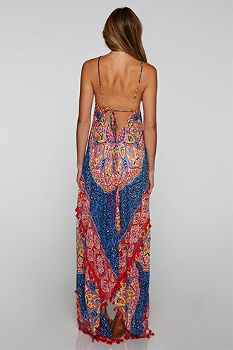 Red and blue scarf printed maxi dress